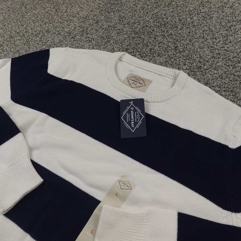 NEW St‎ Johns Bay Sweater Mens L Blue White Stripe Pullover Crewneck Sweatshirt